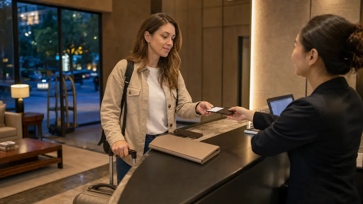 American traveler receiving a room key at a China hotel reception with phone and document folder ready