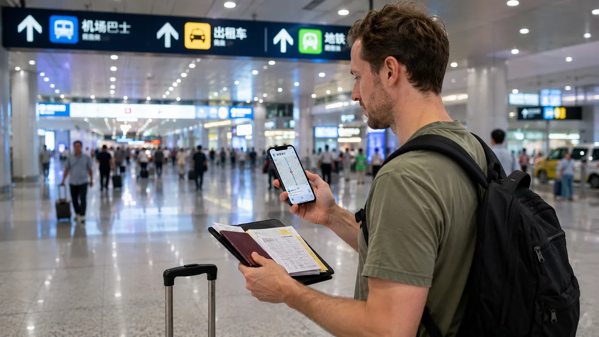 Foreign traveler checking a phone map and Chinese hotel address after arriving at a China airport