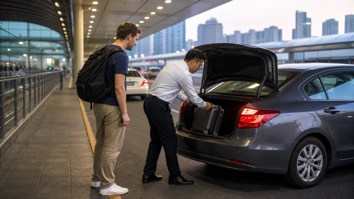 Traveler having compact luggage loaded into an unbranded car outside a China transport terminal