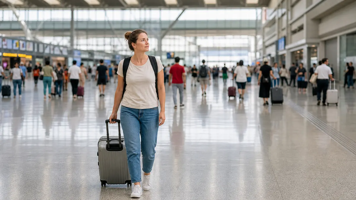 First-time traveler navigating a large China high-speed rail station with compact luggage