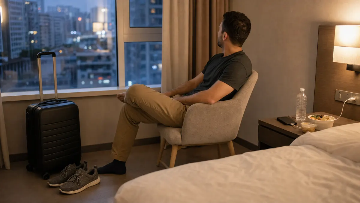 Traveler resting in a hotel room during a deliberately quiet first evening in China