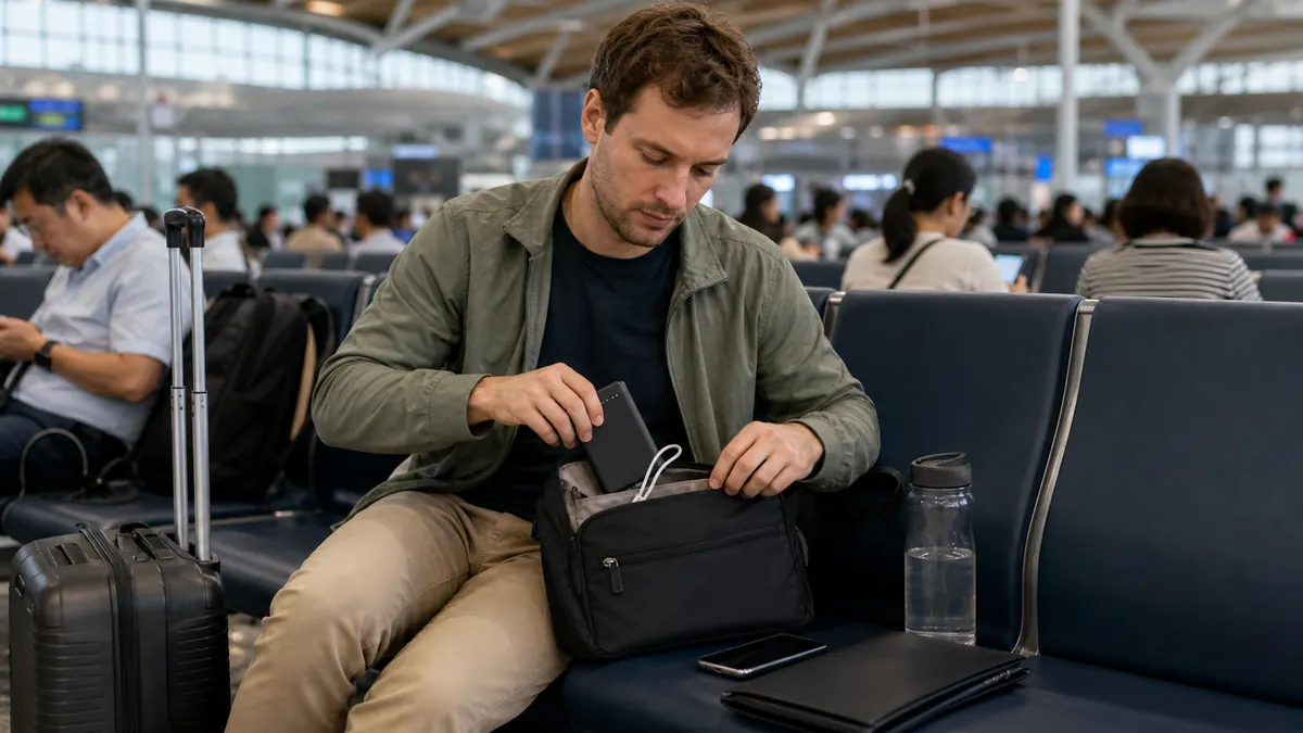 Traveler keeping a power bank, phone, water, and document wallet accessible at a China rail station