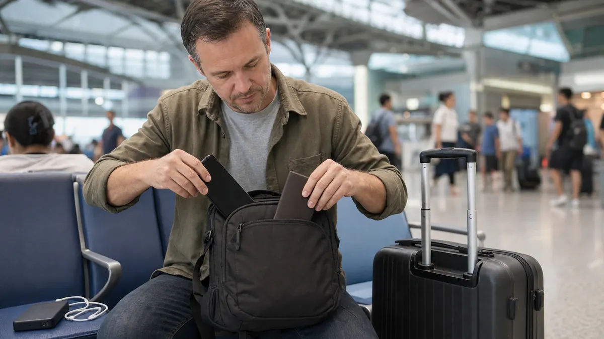 Traveler organizing a phone, document wallet, charging cable, and day bag at a China rail station