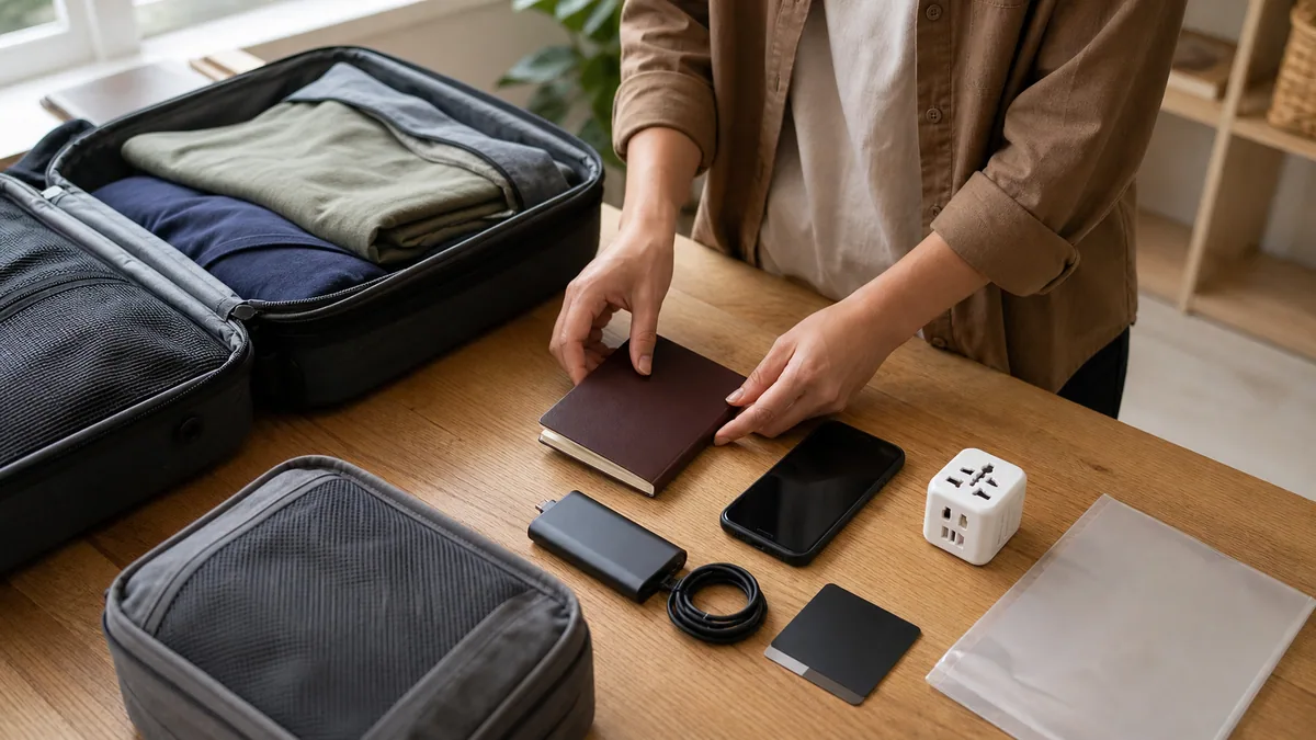 First-time traveler packing a passport, phone, power adapter, and carry-on for a China trip