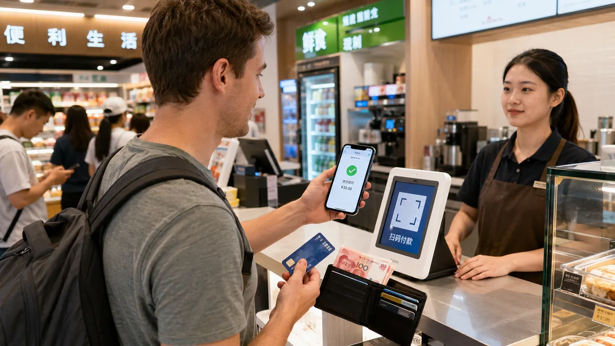 Foreign visitor paying by mobile QR code in a China convenience store while holding a backup card and cash