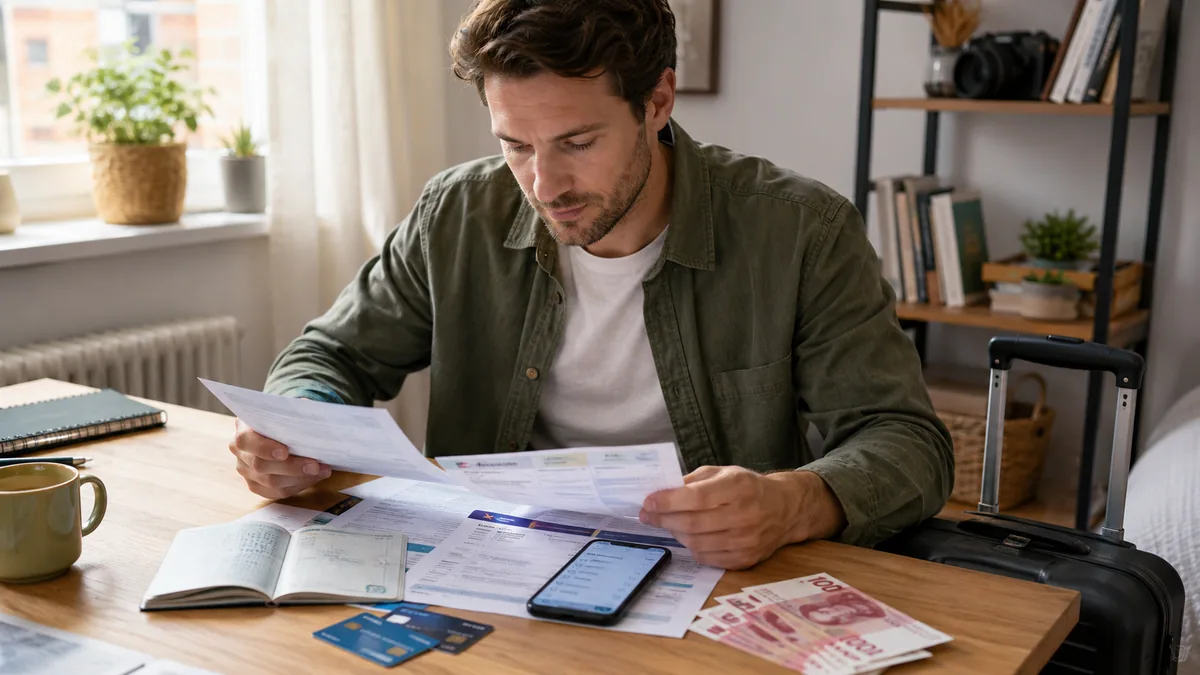 First-time traveler reviewing passport, China travel documents, payment cards, phone, and cash before departure