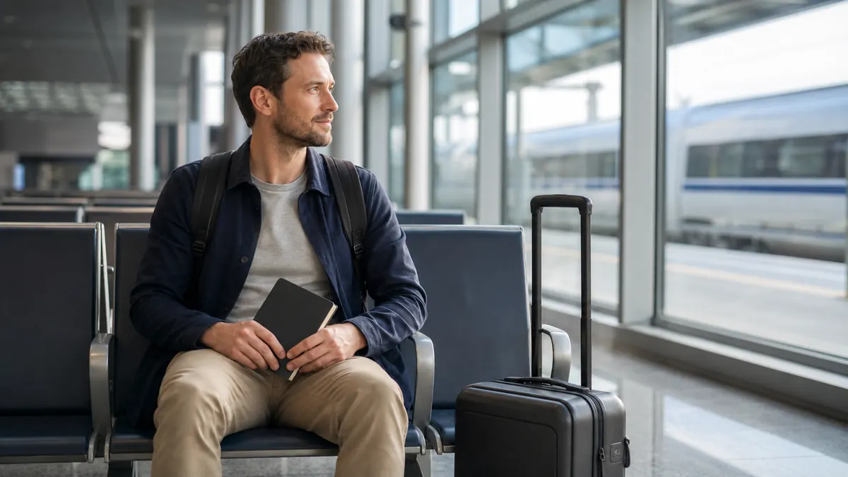 Traveler waiting calmly with compact luggage at a China high-speed rail station