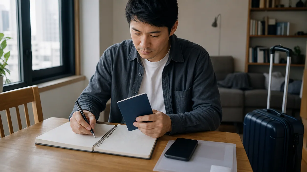 Traveler reviewing a closed passport and trip notes before checking China visa requirements