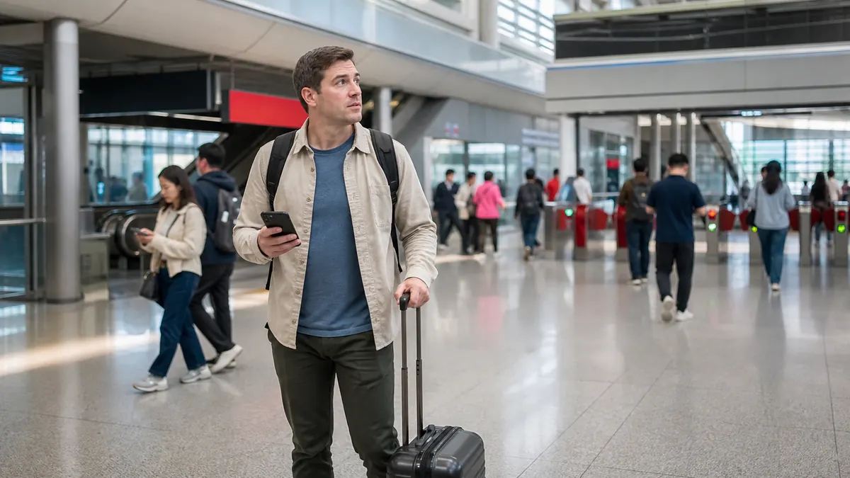 American traveler orienting himself with a phone and suitcase in a modern China metro station