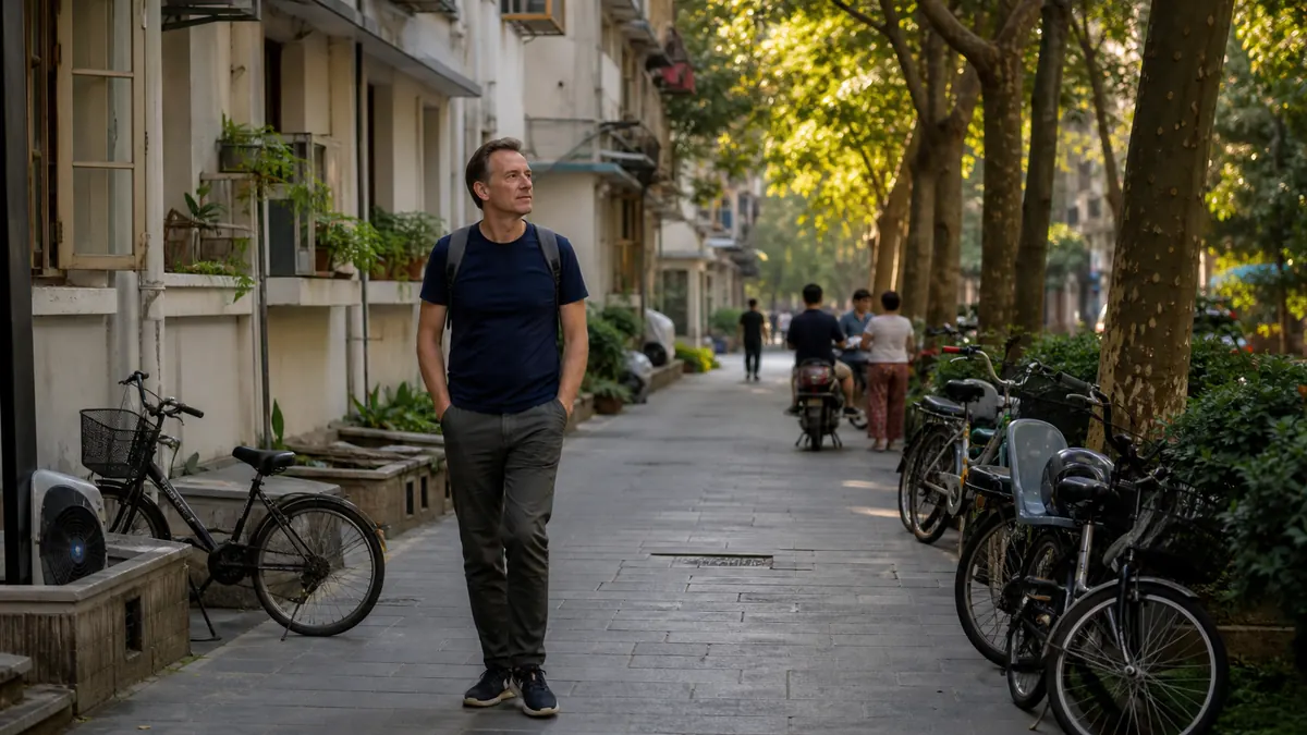 Traveler exploring a leafy everyday neighborhood during a slower first trip through China