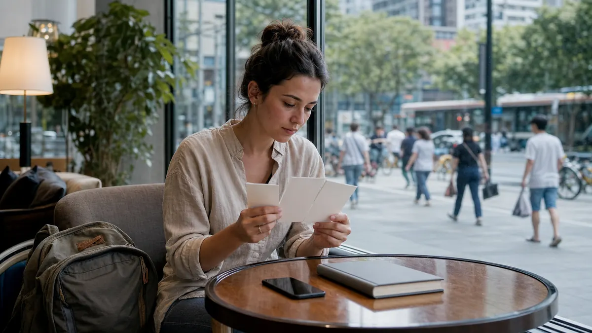 First-time traveler comparing a small set of city choices in a Chinese urban café