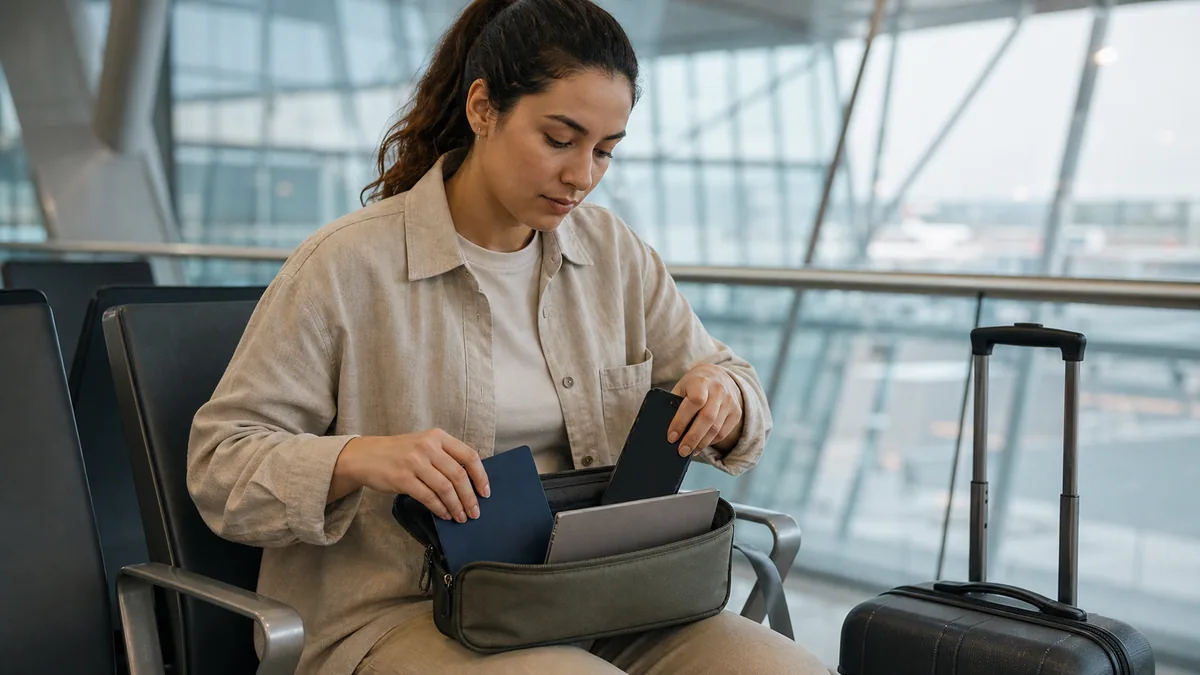 Traveler organizing a closed passport, phone, and document folder beside carry-on luggage at an international airport