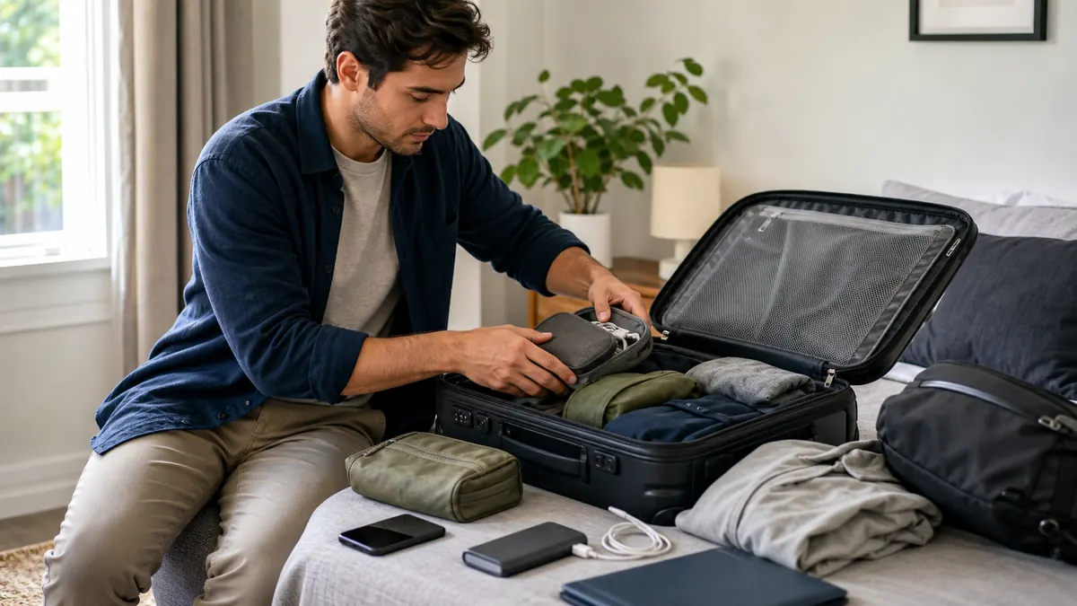 Traveler organizing practical first-trip essentials in an open carry-on suitcase
