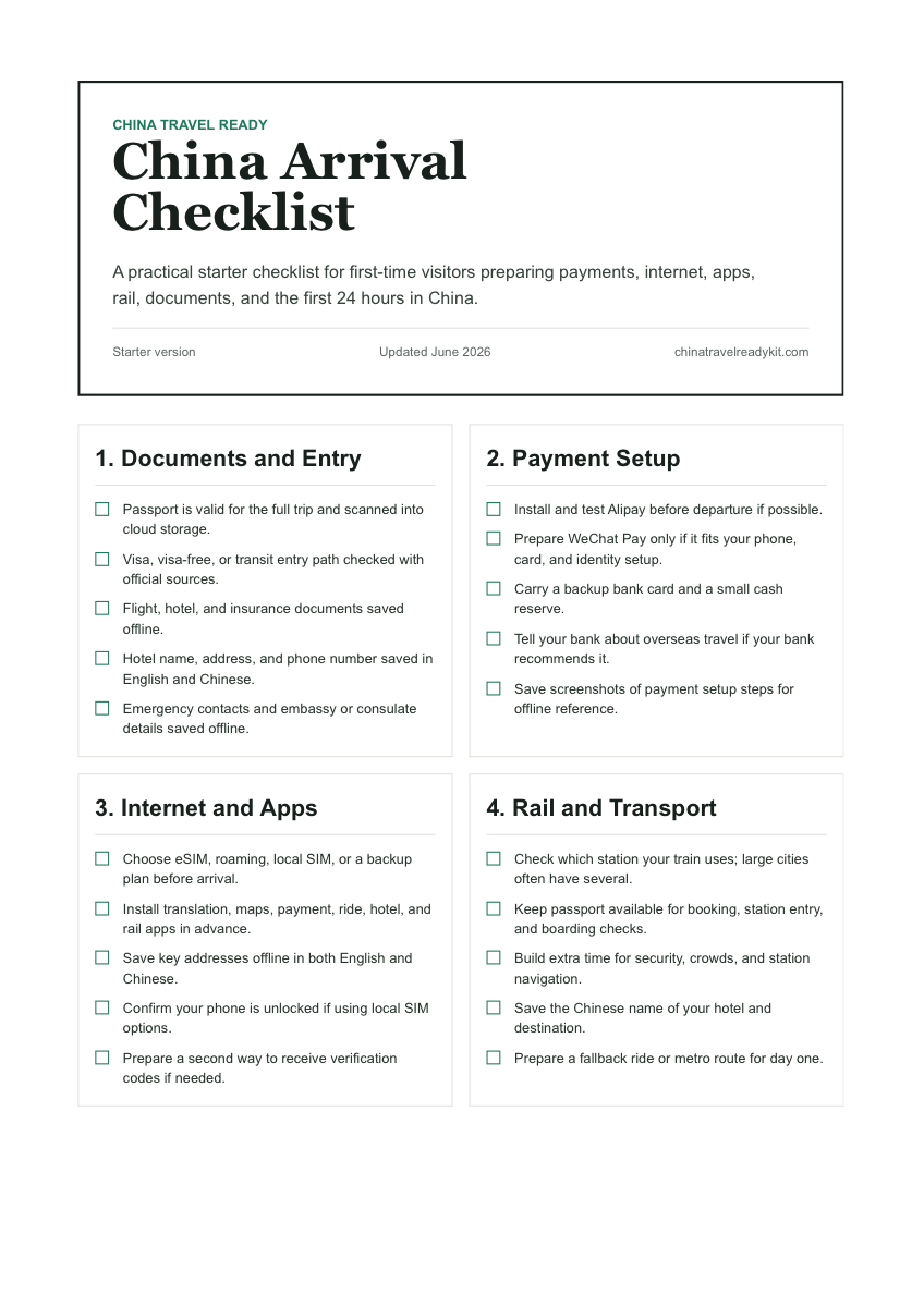 Preview of the China Arrival Checklist PDF